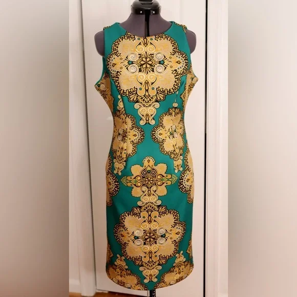 New York & Company Women's Stretch Sheath Dress Gold\Green | Small - Picture 3 of 16